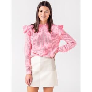 Greylin Womens Ruth Ruffle Shoulder Chunky Knit Sweater‎ in Pink Sz S | Feminine